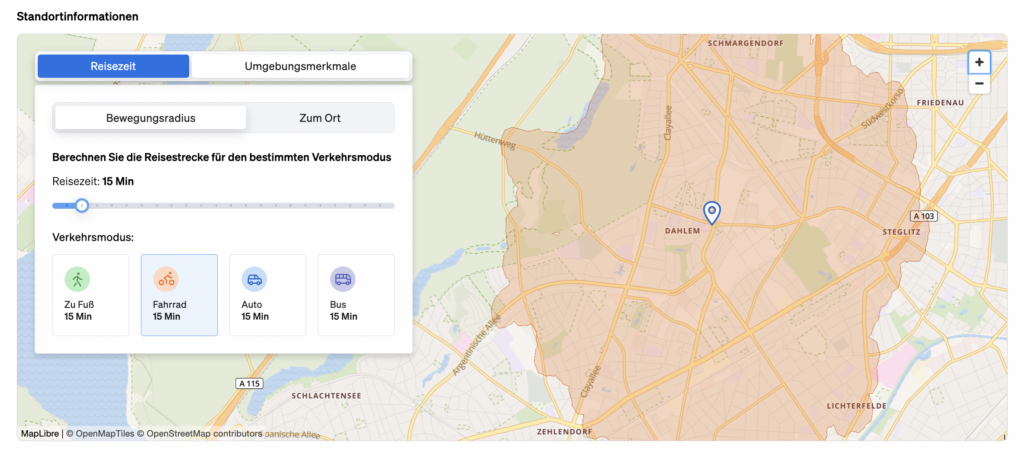 Standortinformationen, die die Einrichtungen in der Umgebung einer Immobilie und die Fahrtzeiten mit verschiedenen Verkehrsmitteln zeigen