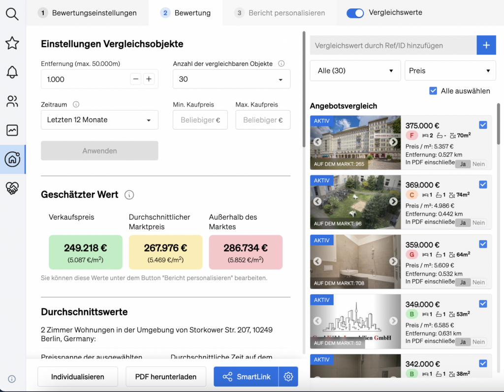 Suche nach vergleichbaren Immobilien und Durchführung einer Immobilienbewertung in CASAFARI, basierend auf der Lage und den Eigenschaften einer Immobilie