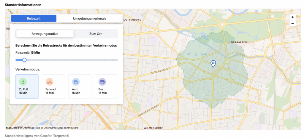 Karte mit Sehenswürdigkeiten rund um die Immobilie und Fahrzeiten