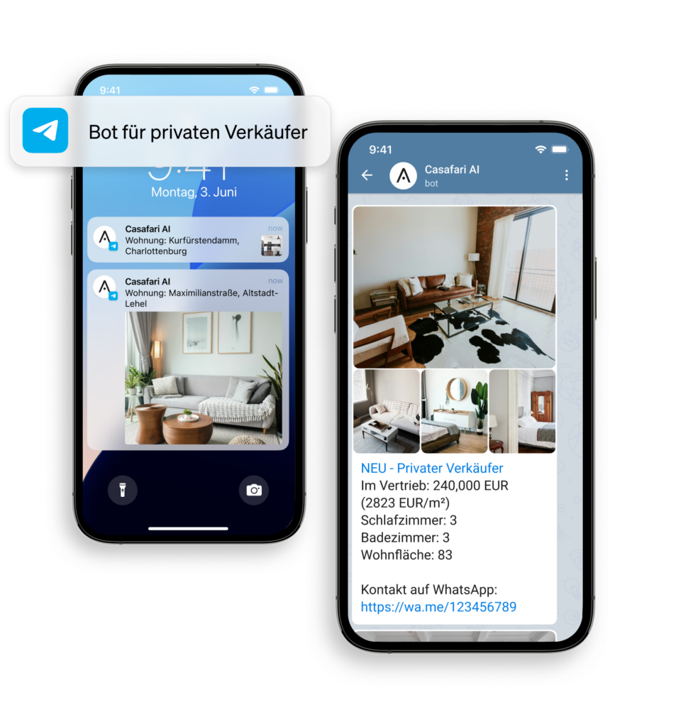 Benachrichtigung über neue Immobilien auf dem Markt, die von privaten Verkäufern verkauft werden, mit dem Bot von CASAFARI AI für WhatsApp und Telegram